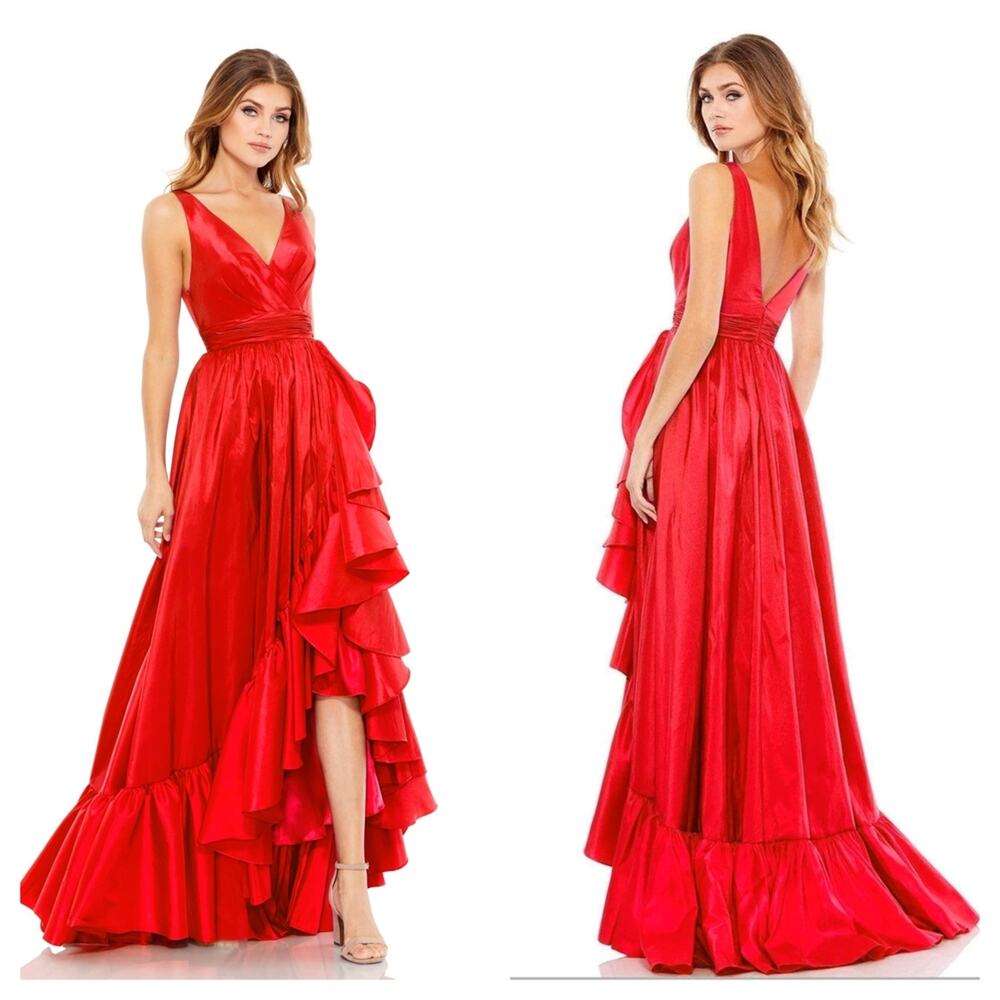 Mac Duggal Taffeta High Low Sleeveless Ruffle Gown in Red Size 2 Black Tie New